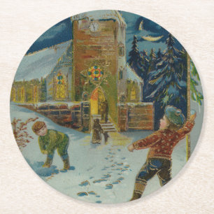 Frohe Weihnachten - Vintage Schneeballkampf Grußka Runder Pappuntersetzer