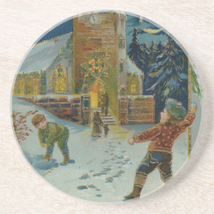Frohe Weihnachten - Vintage Schneeballkampf Postka Getränkeuntersetzer