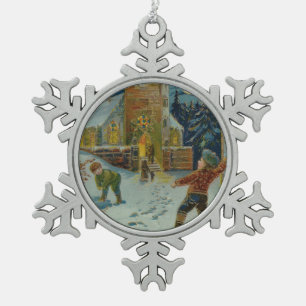 Frohe Weihnachten - Vintage Schneeballkampf Postka Schneeflocken Zinn-Ornament