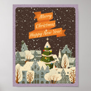Frohe Weihnachten Vintage-Stadt-Skyline im Winter Poster