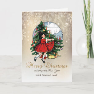 Frohe Weihnachten, Vintage-Tannenbaum kleines Mädc Feiertagskarte