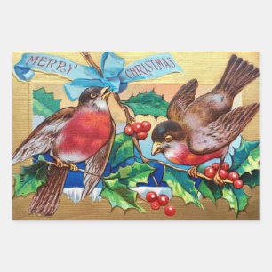 Frohe Weihnachten Vintage Vögel und Stechpalmenbee Geschenkpapier Set