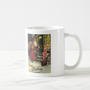 Frohe Weihnachten, Vintage, Weihnachtsmann mit Eng Kaffeetasse