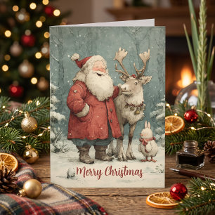 Frohe Weihnachten Vintage Weihnachtsmann & Rentier Karte