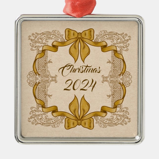 Frohe Weihnachten Vintager Goldbow Ornament Aus Metall (Vorne)