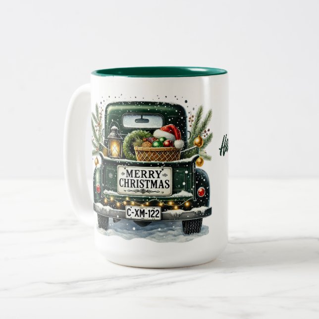 Frohe Weihnachten Vintager Grüner LKW Zweifarbige Tasse (Vorderseite Links)