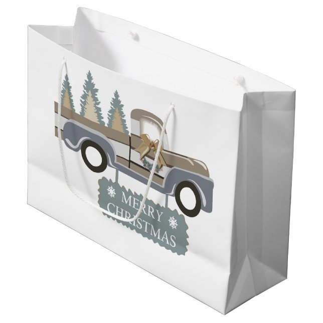 Frohe Weihnachten Vintager Lieferwagen und Weihnac Große Geschenktüte (Vorderseite Schrägansicht)