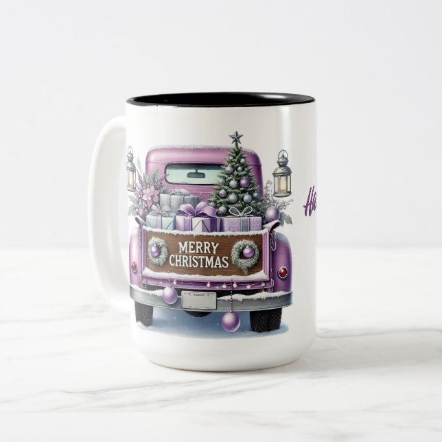 Frohe Weihnachten Vintager Lila LKW Zweifarbige Tasse (Vorderseite Links)