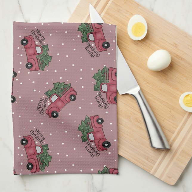 Frohe Weihnachten Vintager Red Truck Geschirrtuch (Viertel Falte)