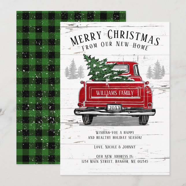 Frohe Weihnachten Vintager Red Truck Karierte Bewe Ankündigung (Vorne/Hinten)