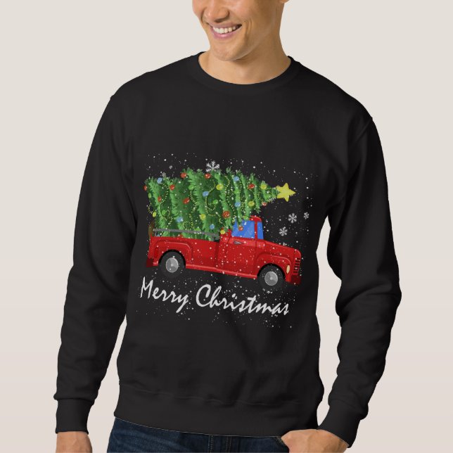 Frohe Weihnachten Vintager Red Truck mit Baum Sweatshirt (Vorderseite)