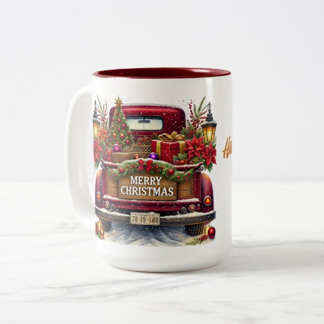 Frohe Weihnachten Vintager Red Truck Zweifarbige Tasse (Vorderseite Links)