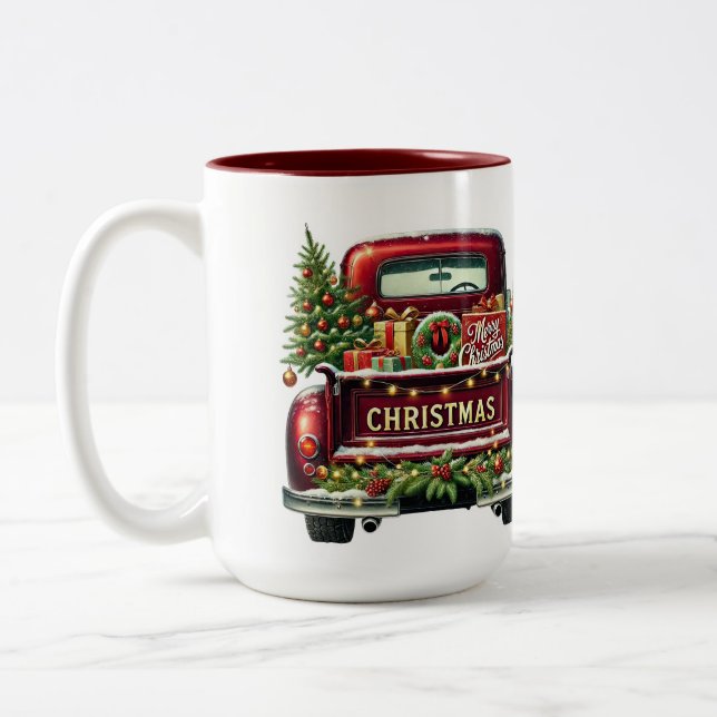 Frohe Weihnachten Vintager Red Truck Zweifarbige Tasse (Links)
