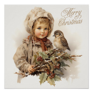 Frohe Weihnachten Vintages Kind mit Vogel Poster