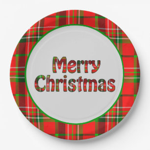 Frohe Weihnachten Vivid Red Green Tartan Typografi Pappteller
