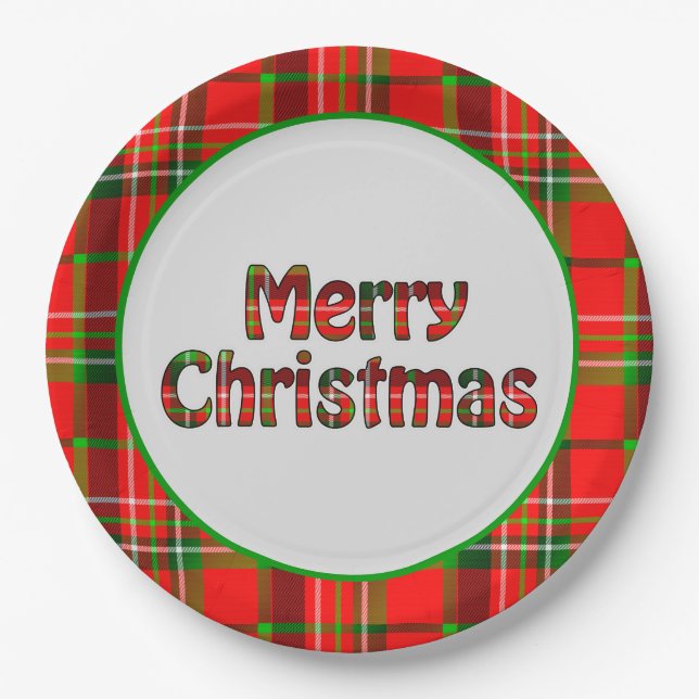 Frohe Weihnachten Vivid Red Green Tartan Typografi Pappteller (Vorderseite)