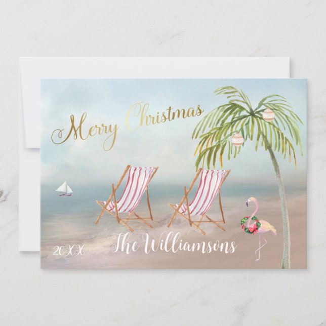 Frohe Weihnachten vom Strand Palm Tree Flamingo Karte (Vorderseite)