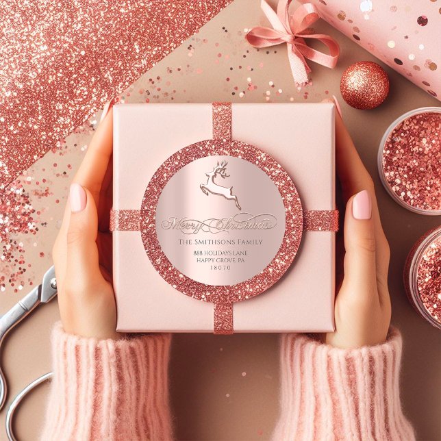 Frohe Weihnachten von der UAWG Rose Hirsch Pink Runder Aufkleber (Merry Christmas From RSVP Rose Deer Pink Classic Round Sticker)