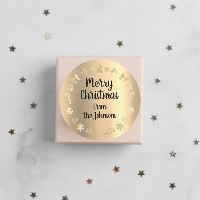 Frohe Weihnachten von Name Gold Rentier Wreath Runder Aufkleber (Merry Christmas From Name Gold Reindeer Wreath Classic Round Sticker)