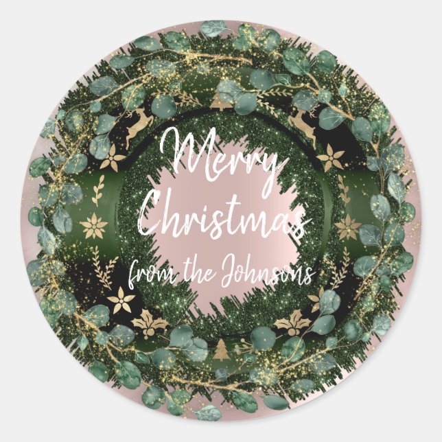 Frohe Weihnachten von Name Winter RoseGold Kranz Runder Aufkleber (Vorderseite)