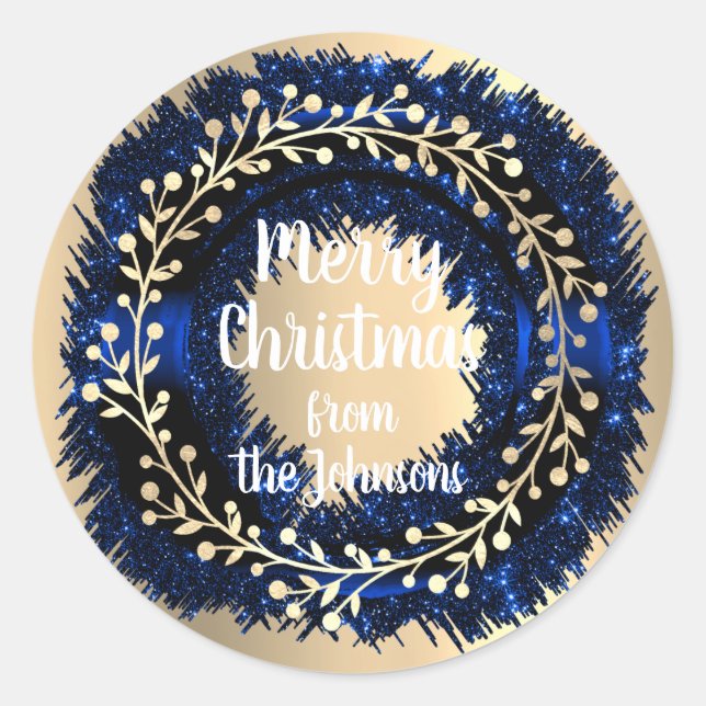 Frohe Weihnachten von Navy Gold Glitzer Wreath Runder Aufkleber (Vorderseite)