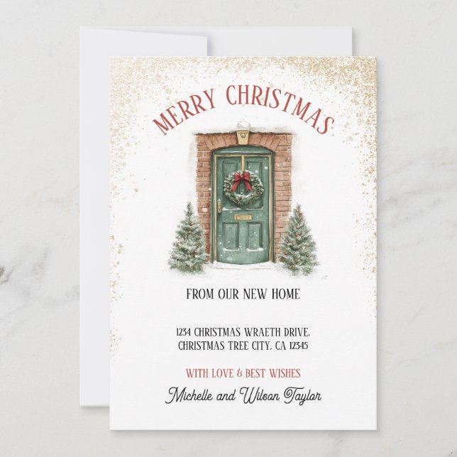 Frohe Weihnachten von New Zuhause Door Wreath Ankündigung (Vorderseite)