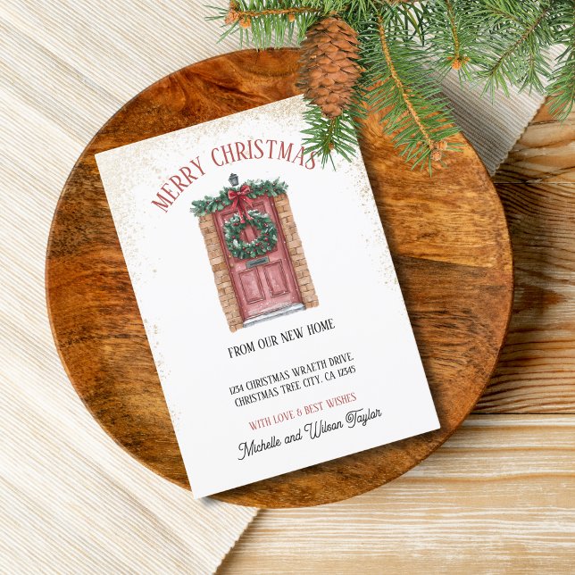 Frohe Weihnachten von New Zuhause Door Wreath Ankündigung (christmas tree wreath on the red door)