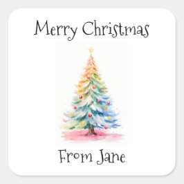 Frohe Weihnachten von Rainbow Watercolor Tree Quadratischer Aufkleber