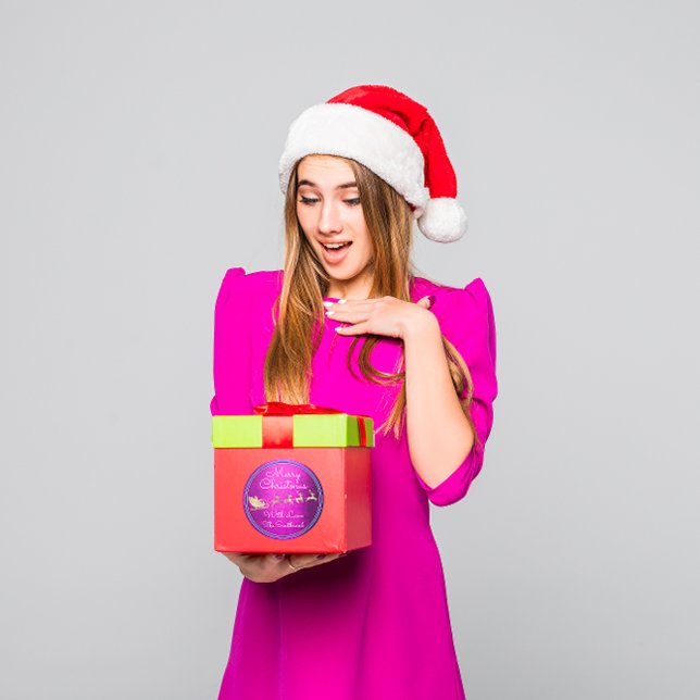 Frohe Weihnachten von Santa Reindeer Sleight Pink Runder Aufkleber (Merry Christmas From Santa Reindeer Sleight Pink Classic Round Sticker)