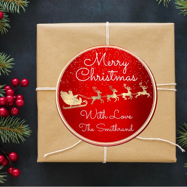 Frohe Weihnachten von Santa Reindeer Sleight Red Runder Aufkleber (Merry Christmas From Santa Reindeer Sleight Red Classic Round Sticker)