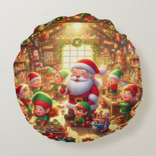 Frohe Weihnachten von Santa und seinen Elfen Rundes Kissen