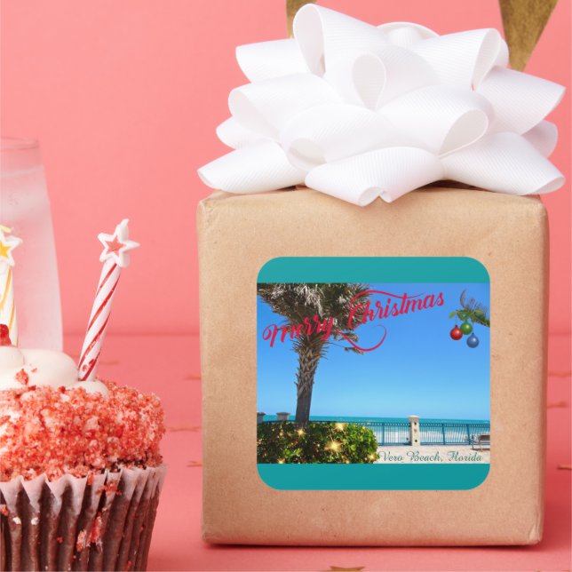 Frohe Weihnachten von Vero Beach Florida Ozean Quadratischer Aufkleber (Party)