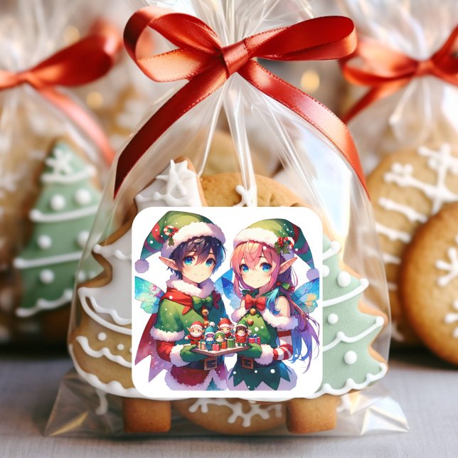 Frohe Weihnachten Wasserfarbe Anime Elves Urlaub Quadratischer Aufkleber (Von Creator hochgeladen)