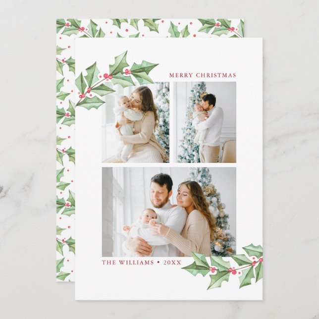 Frohe Weihnachten Wasserfarbe Holly 3 Fotos Urlaub (Vorne/Hinten)