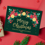 Frohe Weihnachten Wasserfarbe Kardinal Vögel Grün Folien Feiertagskarte<br><div class="desc">Dieses Design ist mit einem atemberaubenden handbemalten Aquarellbogen von Weihnachtsvögeln aus rotem Kardinal, mit botanischen Blume wie Poinsettia, Heilige, Kiefernbeeren, Blume und Orangen. Auf der Rückseite der Karte befindet sich ein Muster mit den Kardinälen Vögel und Blattwerk. Passen Sie den gesamten Text an. Sehen Sie sich die komplette passende Kollektion...</div>