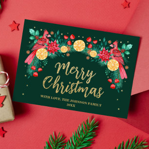 Frohe Weihnachten Wasserfarbe Kardinal Vögel Grün Folien Feiertagskarte