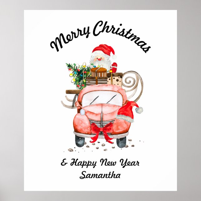 Frohe Weihnachten Wasserfarbe Santa Auto Geschenk Poster (Vorne)