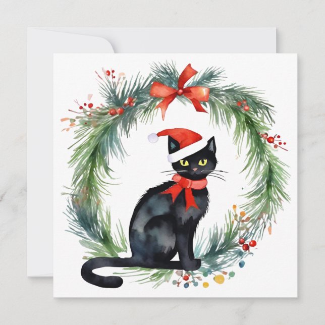 Frohe Weihnachten Wasserfarbe Schwarze Katze und W (Vorderseite)
