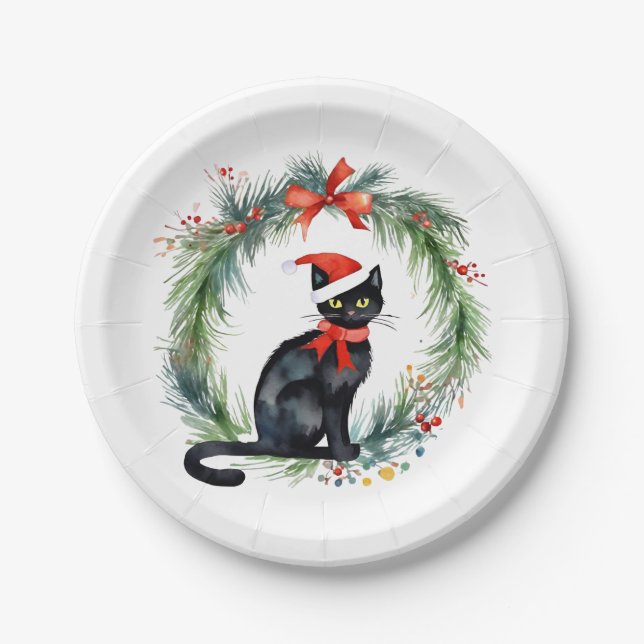 Frohe Weihnachten Wasserfarbe Schwarze Katze und W Pappteller (Vorderseite)