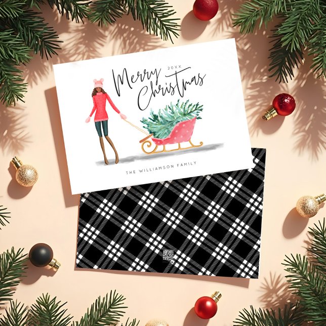 Frohe Weihnachten Wasserfarbe Weihnachten (Merry Christmas Watercolor Christmas Girl Sleigh Holiday Card)