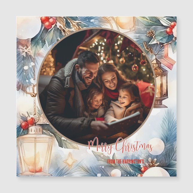 Frohe Weihnachten Wasserfarben Dekoratives Foto Magnetkarte (Vorderseite)