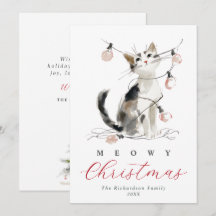 Frohe Weihnachten Wasserfarben-Katze & Lichter