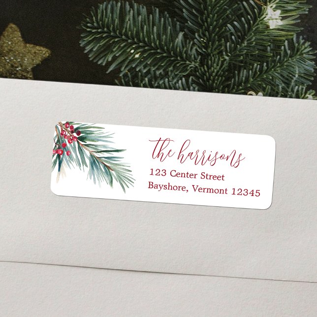 Frohe Weihnachten Wasserfarben Pine and Berries (Merry Christmas Watercolor Pine and Berries Label)