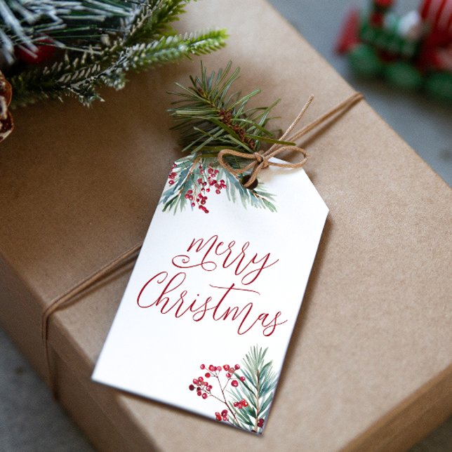Frohe Weihnachten Wasserfarben Pine and Berries Geschenkanhänger (Merry Christmas Watercolor Pine and Berries Gift Tags)