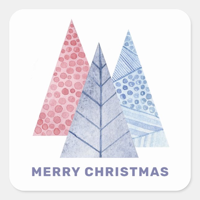 Frohe Weihnachten. Wasserfarbener Winterbaum Quadratischer Aufkleber (Vorderseite)