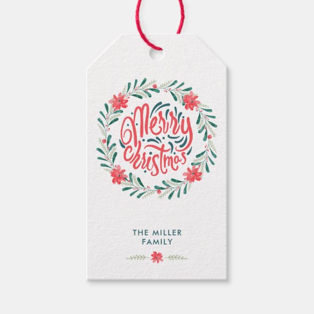 Frohe Weihnachten Wasserfarbengrün Blumenreath Geschenkanhänger (Vorderseite)