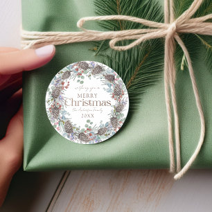 Frohe Weihnachten Watercolor Botanical Kranz Runder Aufkleber