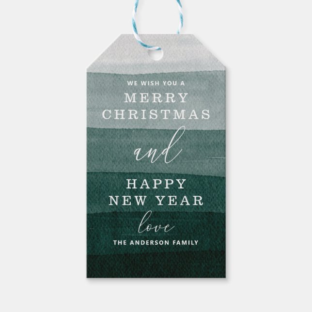 Frohe Weihnachten. Watercolor grün Moderne Streife Geschenkanhänger (Vorderseite)