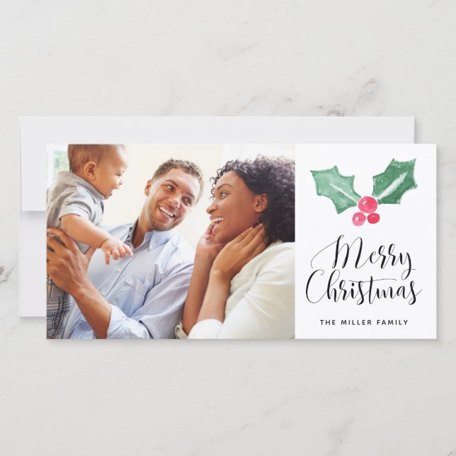 Frohe Weihnachten Watercolor Holly Holiday Foto (Vorderseite)