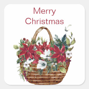 Frohe Weihnachten Watercolor Poinsettia Floral Quadratischer Aufkleber